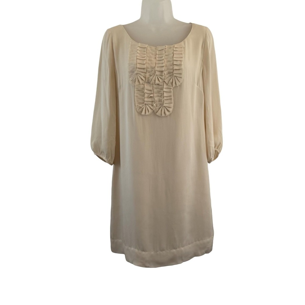 Beth Bowley Dress Womens 8 White Silk Ruffle Bib Shift 3/4‎ Sleeve Mini Party